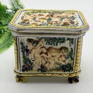 Vintage Capodimonte Style Italy Hand Painted Cherub Relief Trinket Box